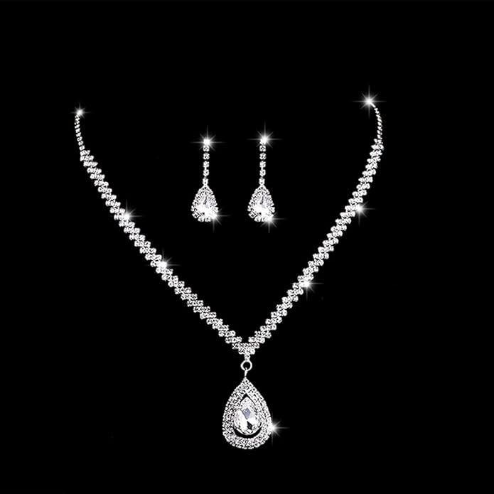 Bride Silver Necklace Earrings Set Rhinestone Wedding Jewelry Set Crystal Choker Necklace for Women-FemmiqueWomen