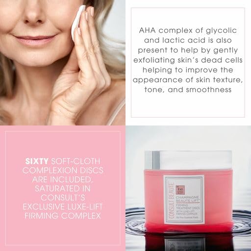 Consult Beaute - Champagne Lift Face Firming Treatment Disc - Firming and Exfoliating Pads - Rejuvenate Sagging Skin - Pre-Soaked Wipes - Disposable - Peptides - Grape Seed Extract - 60 Count (2Pack)-FemmiqueWomen