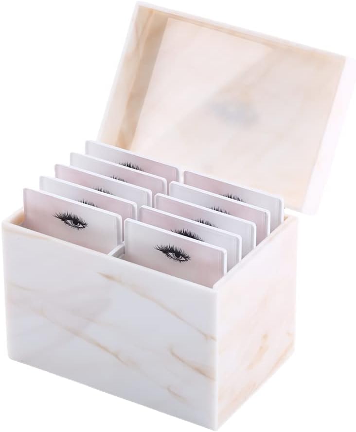 10 Layers Acrylic Eyelash Storage Box, Makeup Eyelashes Extension Close-Packed Display with 10 Pallets, Grafting False Eyelashes Glue Pallet Holder Display Organizer (Marble Yellow)-FemmiqueWomen
