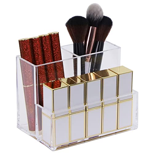Acrylic Makeup Organizer Cosmetic Storage Makeup Display Case Makeup Brush Holder Lipstick Dispenser Canister Bathroom Container (5.1 x 3.5 x 3.9 in, 3 Partitions, Transparent)-FemmiqueWomen