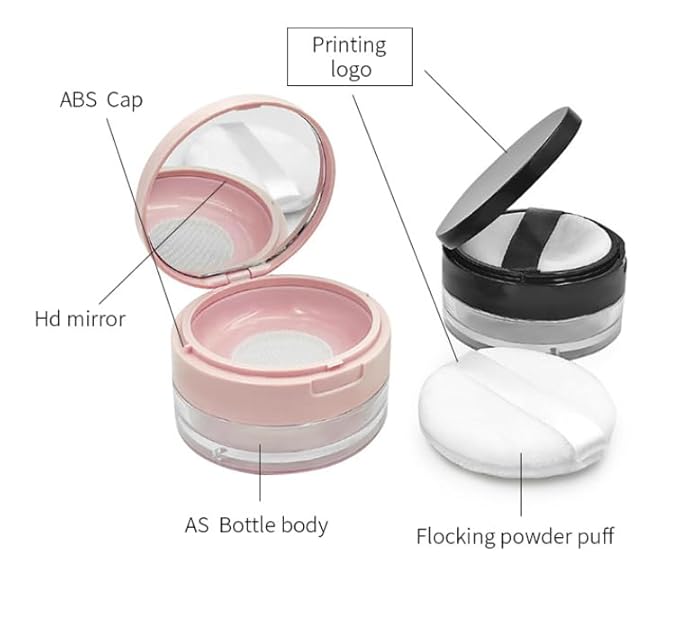 Loose Powder Cocntainer No Leaks Empty Reusable Plastic Loose Powder Compact Container Makeup Powder Case with Sponge Powder Puff,Elasticated Net Sifter and Pink Threaded Screw Lid-FemmiqueWomen