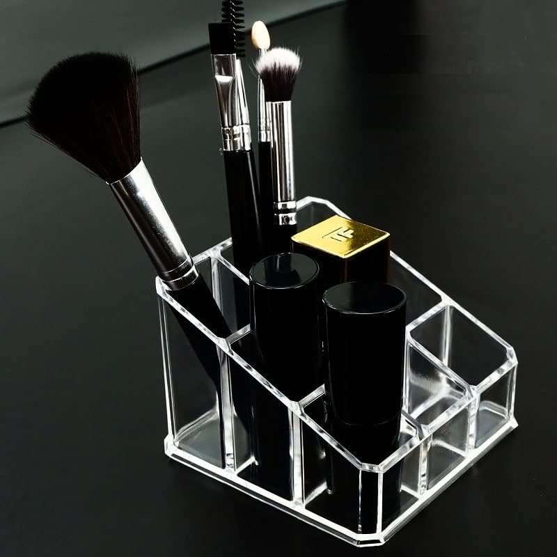 Acrylic Makeup Organizer Cosmetic Storage Display Case Makeup Brush Holder Organizer Lipstick Dispenser Canister Bathroom Container (3.5 x 3.5 x 2.6 in, 9 Partitions, Transparent)-FemmiqueWomen