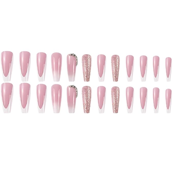 Long Coffin False Nails White French Press on Nails Gradient Nails Tips Acrylic Cute Glitter Fake Nails for Women and Girls 24Pcs