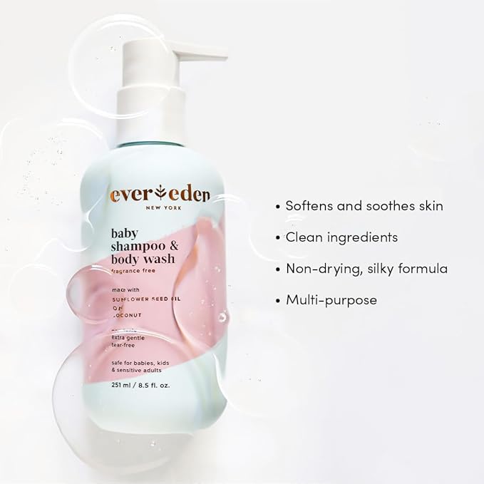 Evereden Baby Shampoo & Body Wash 2-in-1, 8.5 fl oz | Gentle, Non-Toxic, Fragrance-Free, Hydrating Formula for Sensitive Skin-FemmiqueWomen