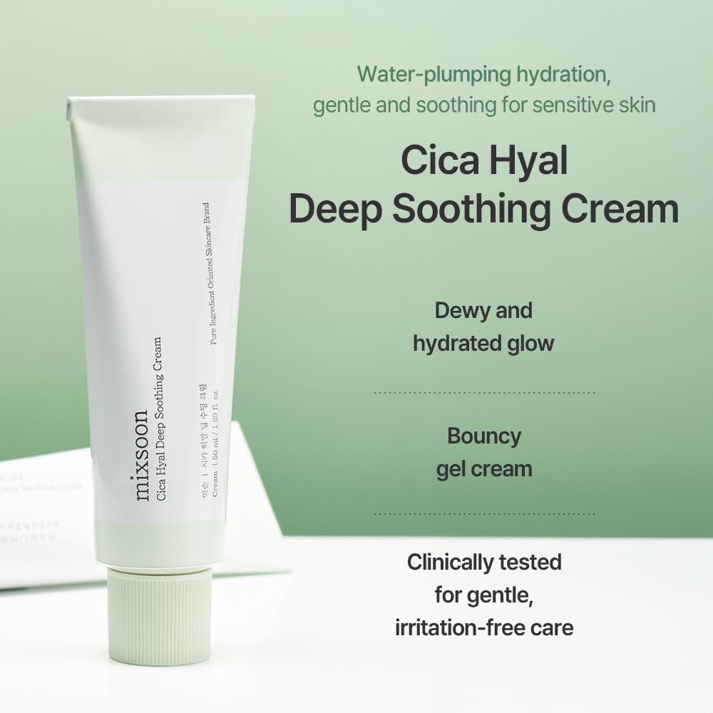 mixsoon Cica Hyal Deep Soothing Cream, 1.69 Fl. Oz / 50ml Lightweight Moisturizer Gel Cream for Sensitive Skin with Centella Asiatica Hyaluronic Acid Ceramide & Panthenol Korea Glass Skin Care-FemmiqueWomen