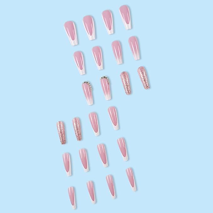 Long Coffin False Nails White French Press on Nails Gradient Nails Tips Acrylic Cute Glitter Fake Nails for Women and Girls 24Pcs
