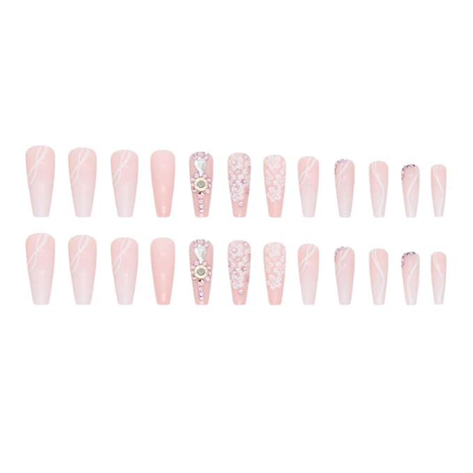 Long Coffin False Nails Gradient Press on Nails Daisy Nails Tips Acrylic Crystal Gem Design Fake Nails for Women and Girls 24Pcs