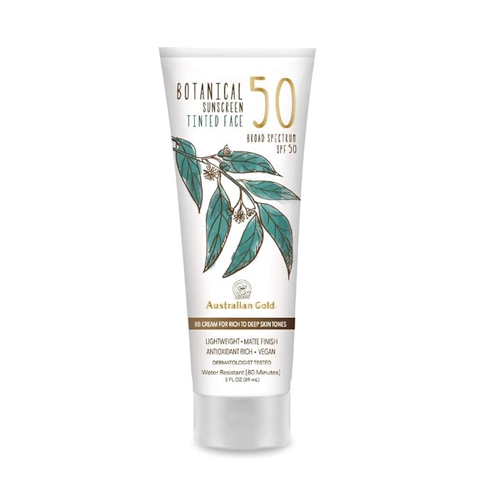 Australian Gold Botanical SPF 50 Tinted Sunscreen for Face, Non-Chemical BB Cream & Mineral Sunscreen,Water-Resistant,Matte Finish,For Sensitive Facial Skin,Rich to Deep Skin Tones, 3 FL Oz, Rich-Deep-FemmiqueWomen