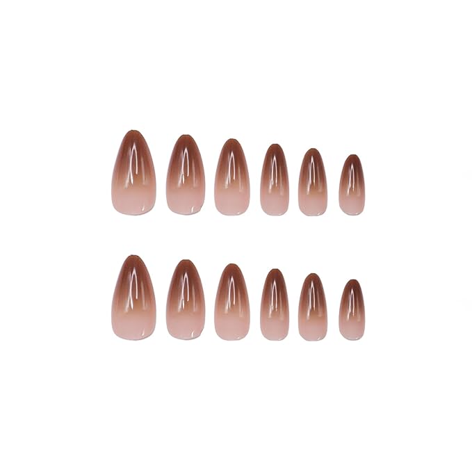 Long Almond Shaped Press on Nails Brown Gradient Design Fake Nails Glossy Reusable False Nails Fully Cover Acrylic Nails Stick on Nails for Women Nail DIY Decoration Accessories 24 Pcs