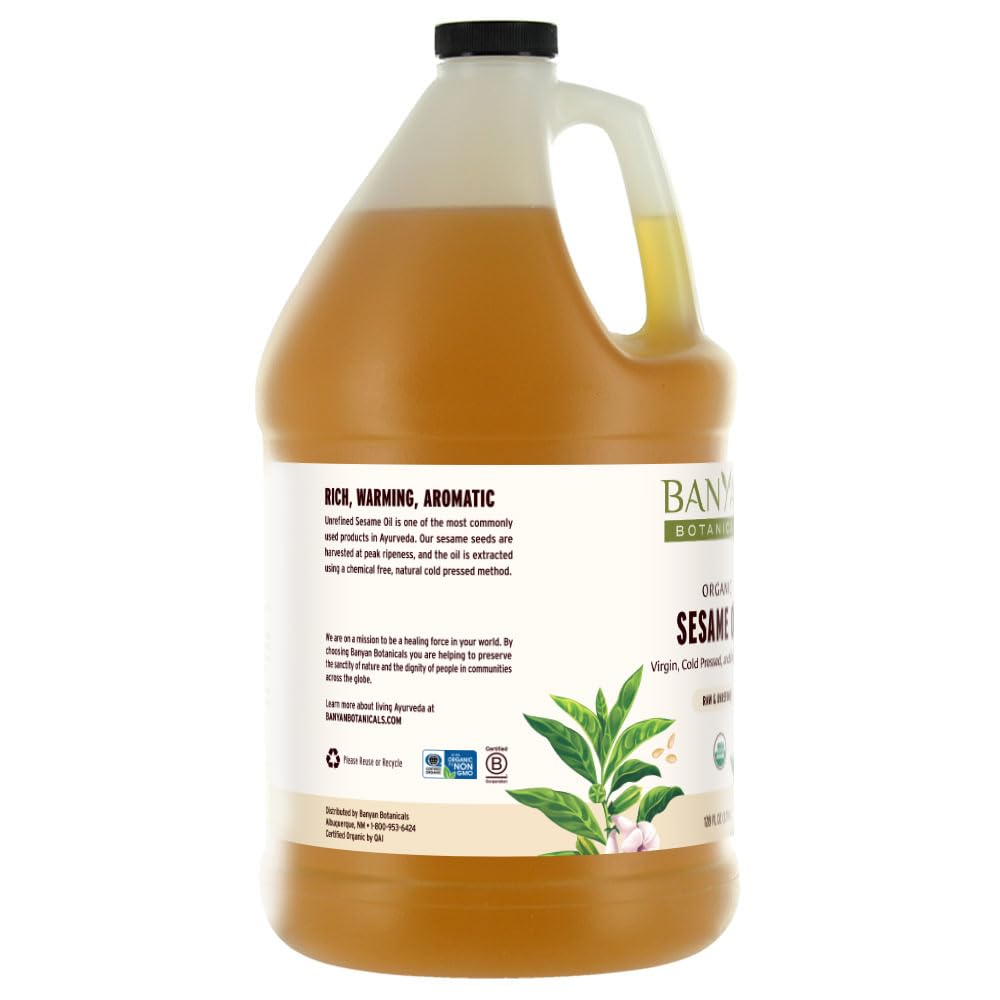 Banyan Botanicals Sesame Oil – Organic & Unrefined Ayurvedic Oil for Skin, Hair, Oil Pulling & More – Multiple Sizes – 128oz. – Non GMO Sustainably Sourced Vegan-FemmiqueWomen