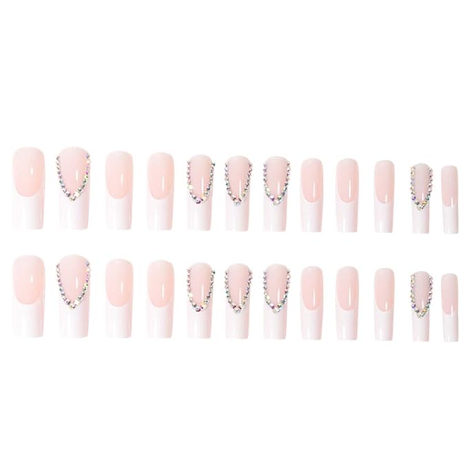 Long Coffin False Nails White French Press on Nails Crystal Gem Design Nails Tips Acrylic Cute Fake Nails for Women and Girls 24Pcs