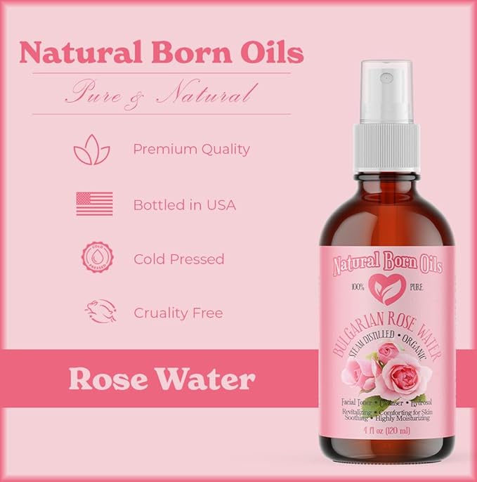 Natural Born Oils 8oz Rose Water Hydrosol, 100% Pure and Natural, Organic, Steam-distilled, Facial Toner Cleanser, with Sprayer, 8-Rose-Water-FemmiqueWomen