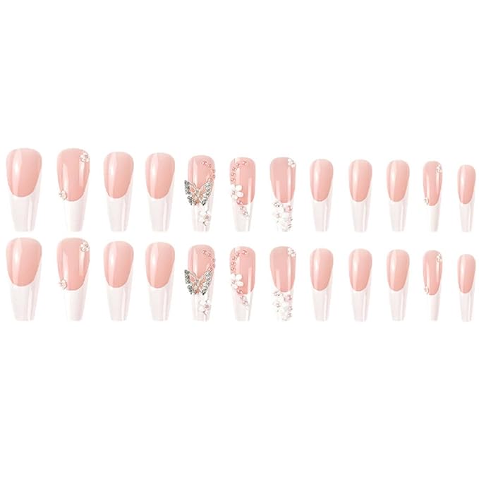 Long Coffin False Nails White French Press on Nails Pearl Butterfly Jewelry Nails Tips Acrylic Cute Fake Nails for Women and Girls 24Pcs