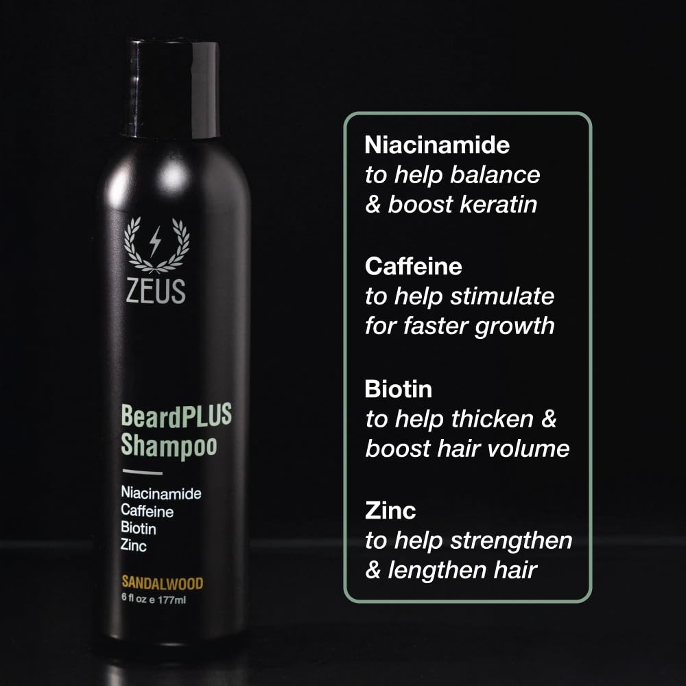 ZEUS BeardPLUS Shampoo for Men, Enhanced Beard Growth & Hair Care Treatment with Biotin & Caffeine to Boost Thickness, Strength, Hydration, and Skin Comfort (Made in USA) 6 oz.-FemmiqueWomen