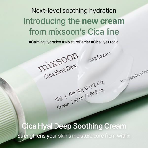 mixsoon Cica Hyal Deep Soothing Cream, 1.69 Fl. Oz / 50ml Lightweight Moisturizer Gel Cream for Sensitive Skin with Centella Asiatica Hyaluronic Acid Ceramide & Panthenol Korea Glass Skin Care-FemmiqueWomen
