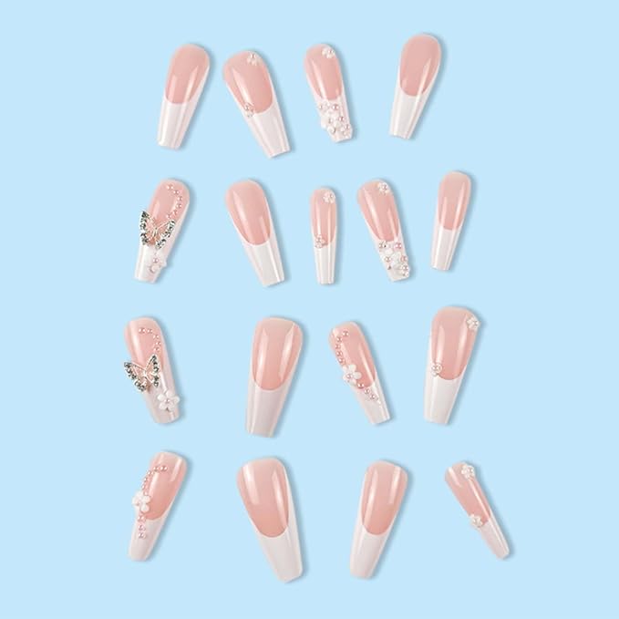 Long Coffin False Nails White French Press on Nails Pearl Butterfly Jewelry Nails Tips Acrylic Cute Fake Nails for Women and Girls 24Pcs