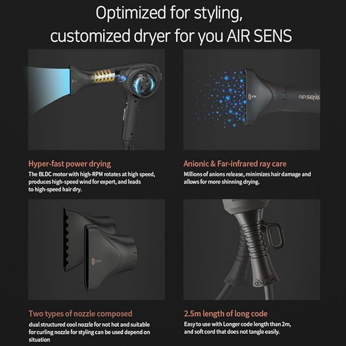 JMW Korean Professional Salon Hair Dryer AIR Sense I 15 Winds-3 Heat X 5 Speed Mix, 2 Nozzles & Dryer Stand, Upgrade BLDC Motor, 100% Cool Shot, Smart Memory, Fast Drying, Quiet and Long-Lasting-FemmiqueWomen