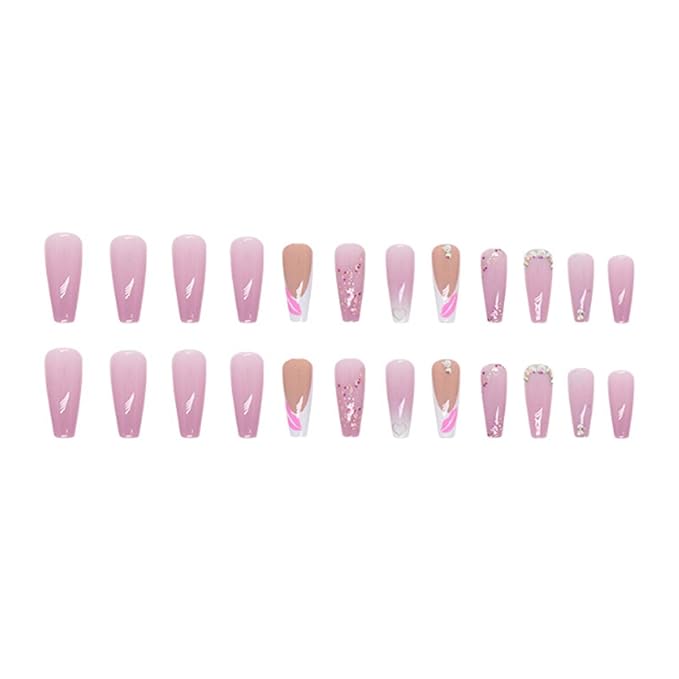Long Coffin False Nails French Press on Nails Gradient Nails Tips Acrylic Cute Swirl Fake Nails for Women and Girls 24Pcs