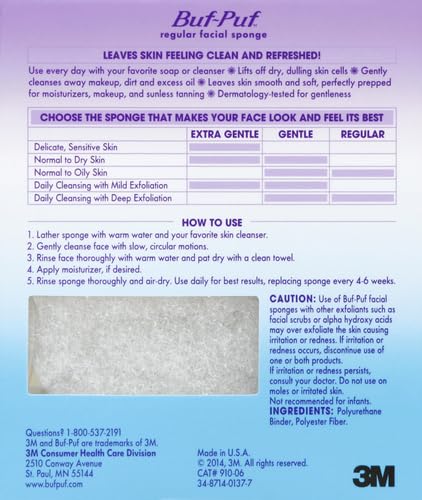 Buf-Puf Regular Facial Sponge, Dermatologist Developed, Removes Deep Down Dirt & Makeup that Causes Breakouts and Blackheads, Reusable, Exfoliating, White, 1 Count (Pack of 3)-FemmiqueWomen