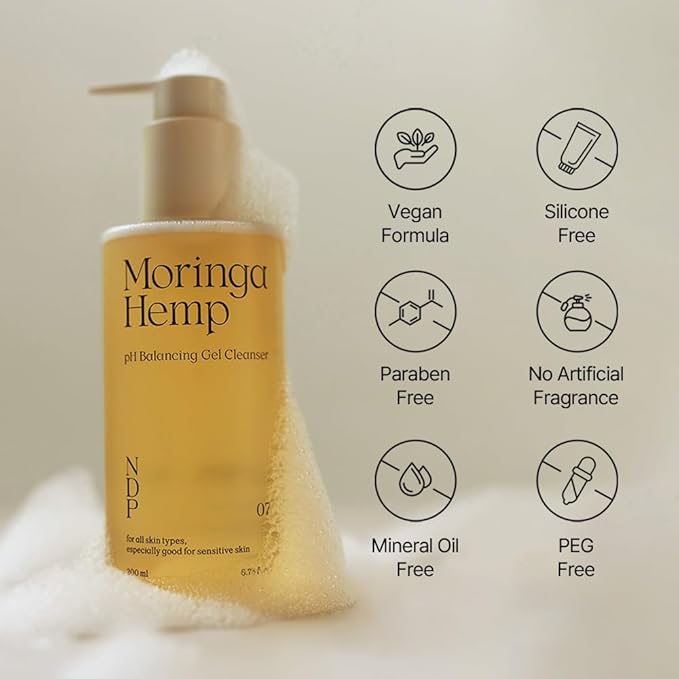 NDP Moringa Hemp Gel Cleanser, Gel-to-Foam, pH Balancing, Vegan, Non-Stripping, Hydrating Face Wash for Sensitive Skin – Fragrance-Free, Clean Beauty, Korean Skincare, 200ml / 6.76 fl oz-FemmiqueWomen