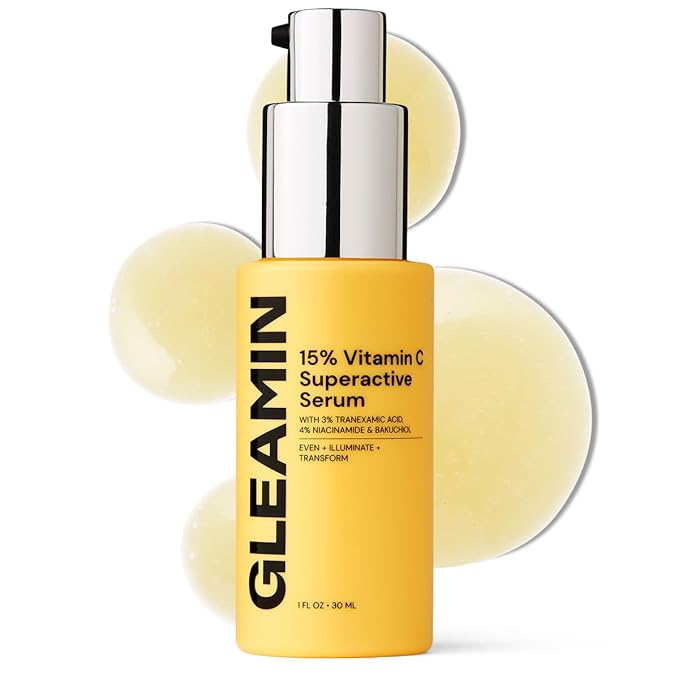 Gleamin Superactive Vitamin C Serum for Face with 15% Vitamin C, Niacinamide, Bakuchiol & Hyaluronic Acid – Skin Brightening Facial Serum for Women & Men – Dark Spot Remover & Radiant Glow – 1 fl oz-FemmiqueWomen