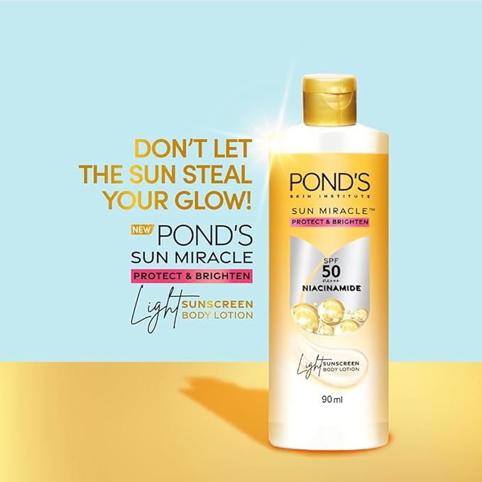 POND-S. Sun Miracle Body Lotion, SPF 50 PA+++, 90 ml, UVA/UVB Protection, 1% Niacinamide, Lightweight, No White Cast 3.0 Fl.oz.-FemmiqueWomen