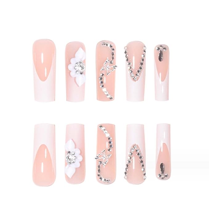 Long French False Nails Square Press on Nails Nude Daisy Nails Tips Full Cover Butterfly Fake Nails for Women and Girls 24Pcs