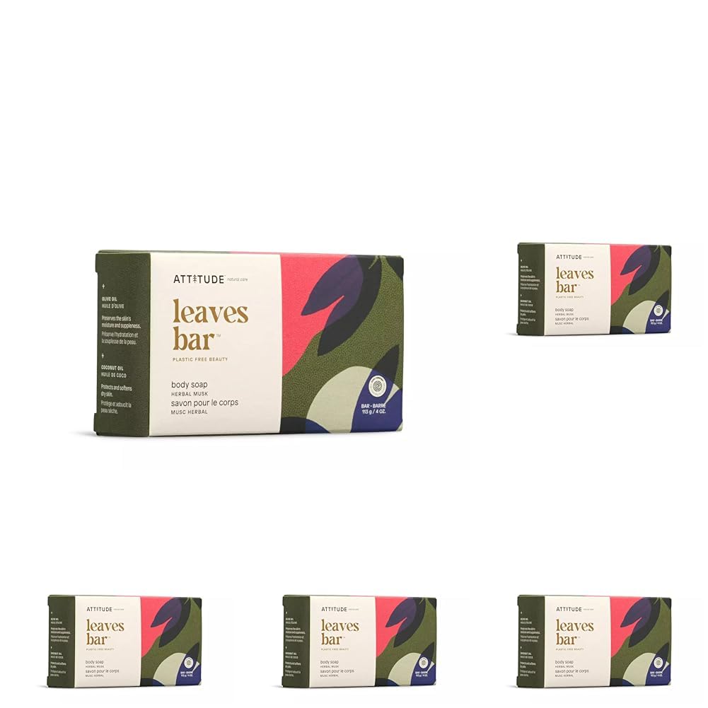 ATTITUDE Bath and Shower Body Soap Bar, EWG Verified, Plastic-free, Plant and Mineral-Based Ingredients, Vegan and Cruelty-free Personal Care Products, Herbal Musk, 4 Ounces (Pack of 5)-FemmiqueWomen