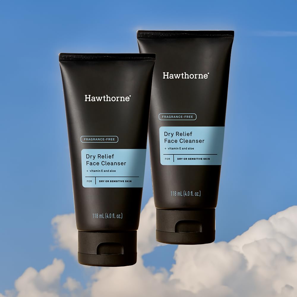 Hawthorne Men's Ultra Moisturizing Dry Relief Face Wash Cleanser For Dry Sensitive Skin. Soothing Vitamin E, Aloe Vera. Fragrance-Free. Natural Ingredients, Vegan, Sulfate Free. 2-Pack, 4 Fl. Oz. Each-FemmiqueWomen