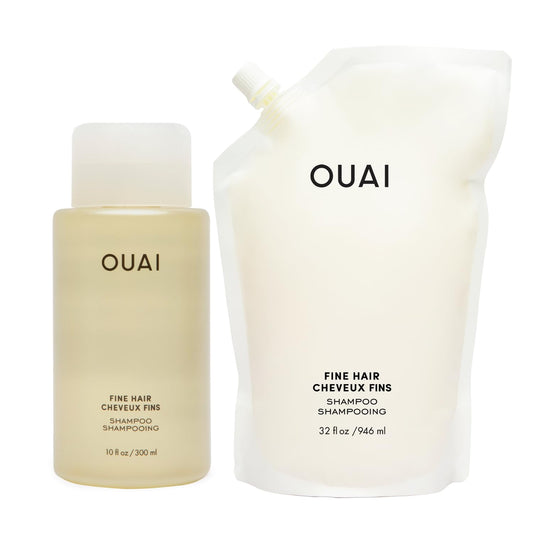 OUAI Fine Shampoo + Refill Bundle - Volumizing Shampoo with Keratin, Biotin & Chia Seed Oil for Fine Hair - Delivers Clean, Weightless Body - Sulfate Free Hair Care (2 Count, 10 Oz/32 Oz)-FemmiqueWomen