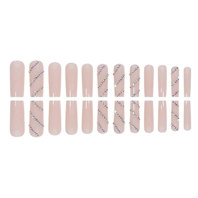 Long Coffin Press on Nails Glitter Fake Nails Full Cover Nails Tips Nude Crystal Gem Design False Nails for Women and Girls 24Pcs