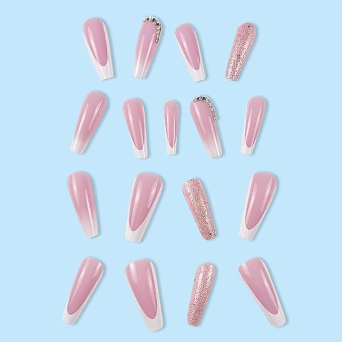 Long Coffin False Nails White French Press on Nails Gradient Nails Tips Acrylic Cute Glitter Fake Nails for Women and Girls 24Pcs