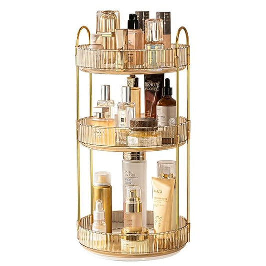360 Rotating Makeup Organizer - High-Capacity Skincare & Cosmetics Organizer for Vanity, Bathroom or Dresser (3 Tiers, Amber)-FemmiqueWomen