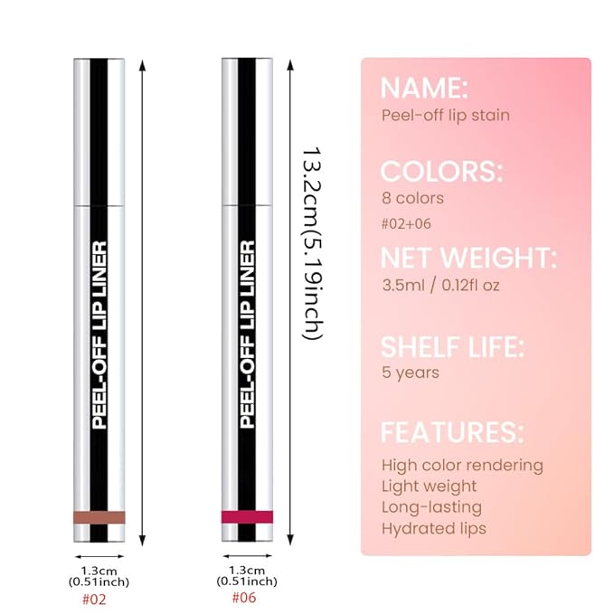 2 Pcs Matte Liquid Lip Stain Peel Off Lip Liner, Long Lasting Lip Tattoo, Waterproof & Transfer-Proof Lip Liner Peel Off Lip Gloss for All Skin Types. 0.12 fl oz #02+#06-FemmiqueWomen