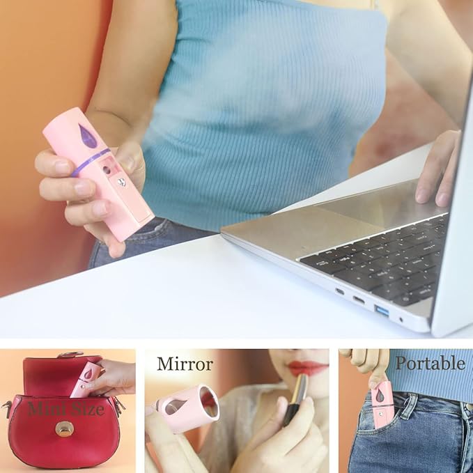 Nano Facial Mister Portable Mist Sprayer with Mirror Mini Cool Mist Spray for Skin Care & Facial Body Moisturized & Eyelash Extensions, USB Rechargeable (Pink)-FemmiqueWomen