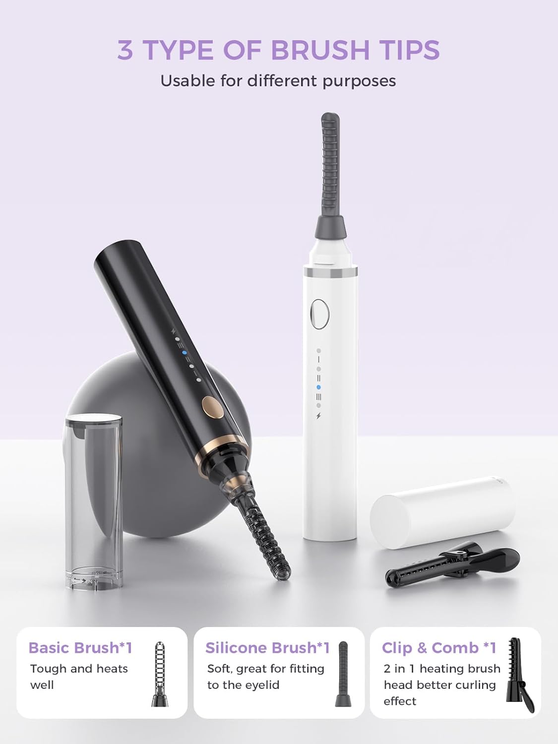 Smiling Shark Heated Eyelash Curler, 2025 New 360°Wand-Style Heated Lash Brush Rechargeable with 3 Brush Heads & 3 Temp 【Lengthen/Define/Curler】 3-in-1 Lash Curler for All Types of Lashes, White-FemmiqueWomen