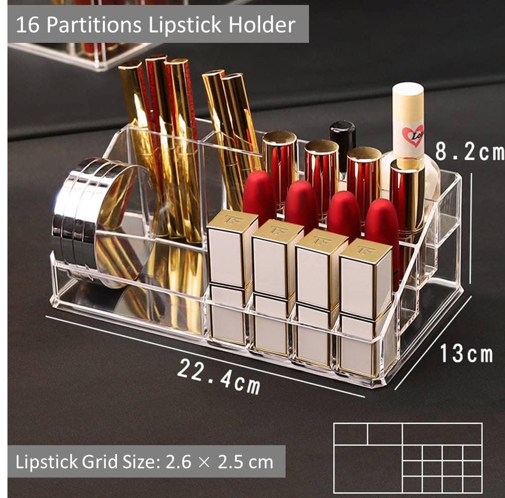 Acrylic Makeup Organizer Cosmetic Storage Makeup Display Case Makeup Brush Holder Lipstick Dispenser Canister Bathroom Container (8.7x 5 x 3.2 in, 16 Partitions, Transparent)-FemmiqueWomen