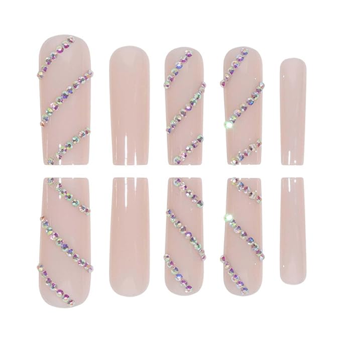 Long Coffin Press on Nails Glitter Fake Nails Full Cover Nails Tips Nude Crystal Gem Design False Nails for Women and Girls 24Pcs