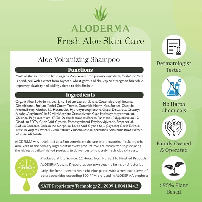 Aloderma Aloe Volumizing Shampoo for Fine, Brittle, & Thinning Hair - Featuring Freshly Harvested Organic Aloe Vera Infused with Arginine & Panthenol - Alcohol, Parabens, Mineral Oil Free - 16oz-FemmiqueWomen