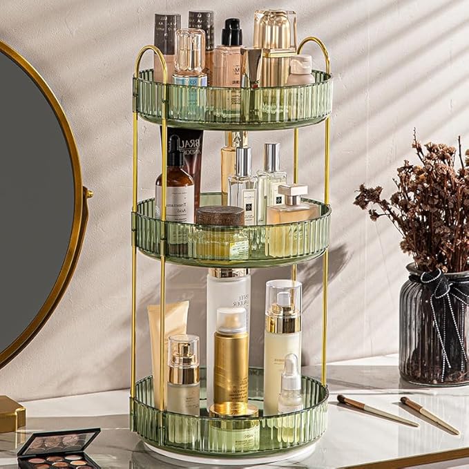 Makeup Organizer for Vanity, 360° Rotating Bathroom Organizer Countertop, High-Capacity Skincare Organizer, Spinning Cosmetics Organizer for Dresser Countertop (3 Tiers, Green)-FemmiqueWomen