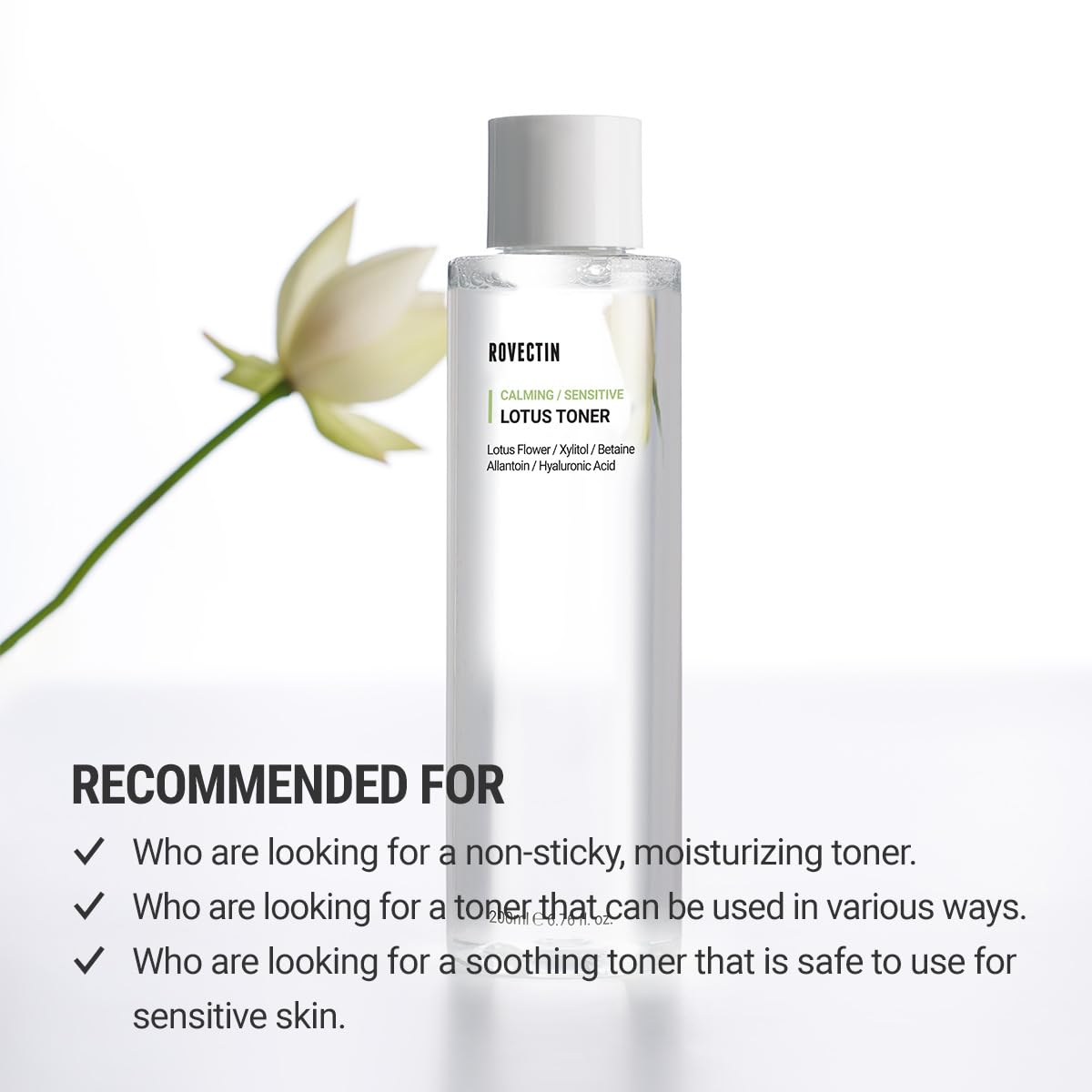 ROVECTIN Calming Lotus Water Toner - pH4.7 Extra Soothing and Hydrating for Trouble Care | 40% Lotus Flower Extract for Purifying | Hyaluronic Acid, Alcohol-Free, Vegan, K-Beauty (6.76 fl. oz, 200ml)-FemmiqueWomen