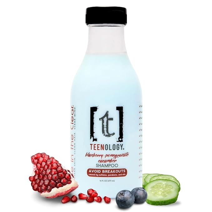 Teenology Shampoo for Teens - Avoid Forehead and Body Breakouts - No Sulfates or Parabens, Noncomedogenic, Natural Botanical Extracts, 16 oz. (Blueberry Pomegranate Cucumber)-FemmiqueWomen
