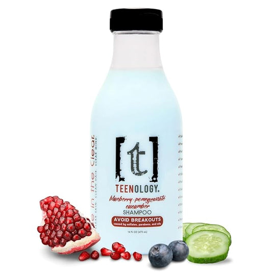 Teenology Shampoo for Teens - Avoid Forehead and Body Breakouts - No Sulfates or Parabens, Noncomedogenic, Natural Botanical Extracts, 16 oz. (Blueberry Pomegranate Cucumber)-FemmiqueWomen