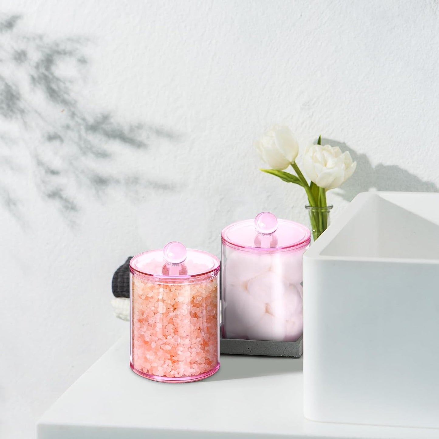 2 Pack Qtip Holder,Canister Apothecary Jar Set, Bathroom Jars with Lids Set for Cotton Swabs, Balls, Pads, Floss Picks,10oz-12oz Plastic Canisters Restroom Bedroom Vanity Organizer(Pink)-FemmiqueWomen