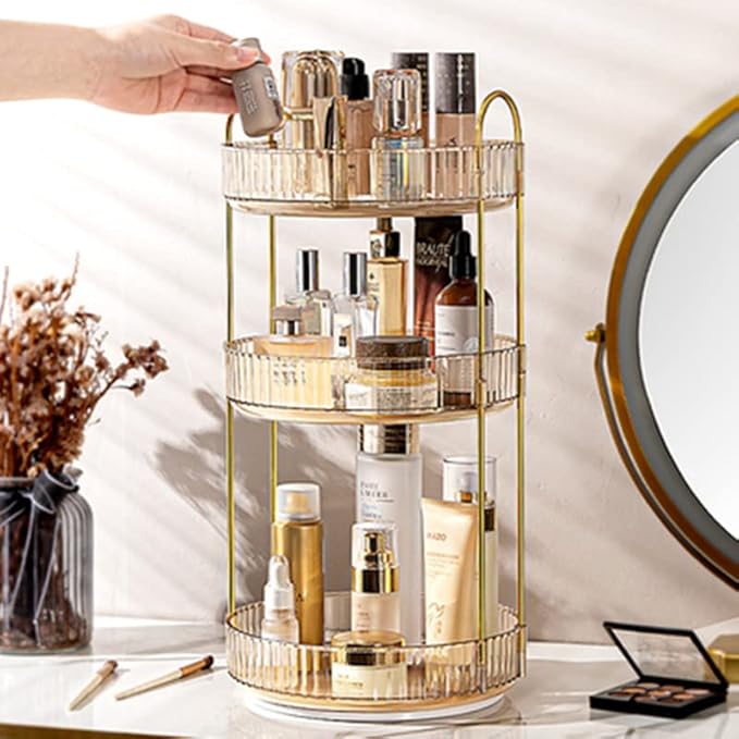 360 Rotating Makeup Organizer - High-Capacity Skincare & Cosmetics Organizer for Vanity, Bathroom or Dresser (3 Tiers, Amber)-FemmiqueWomen