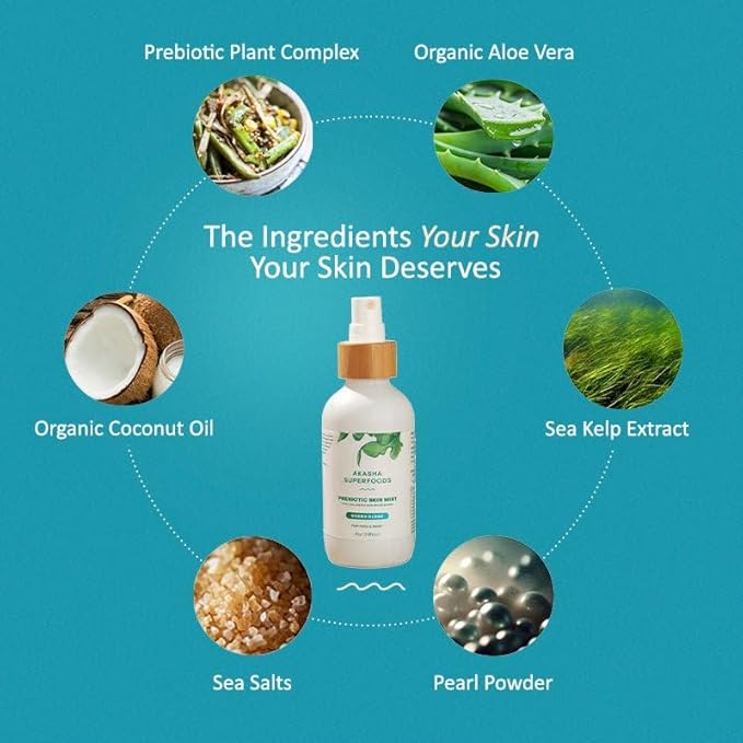 Akasha Prebiotic Skin Mist 3.4oz I Organic Facial Mist, Sea Kelp Extract, Face Spray for Naturally Restoring the Skins Microbiome, Dewy, Help Acne, Psoriasis & Sunburn*, Anti Aging Skin Care Products-FemmiqueWomen