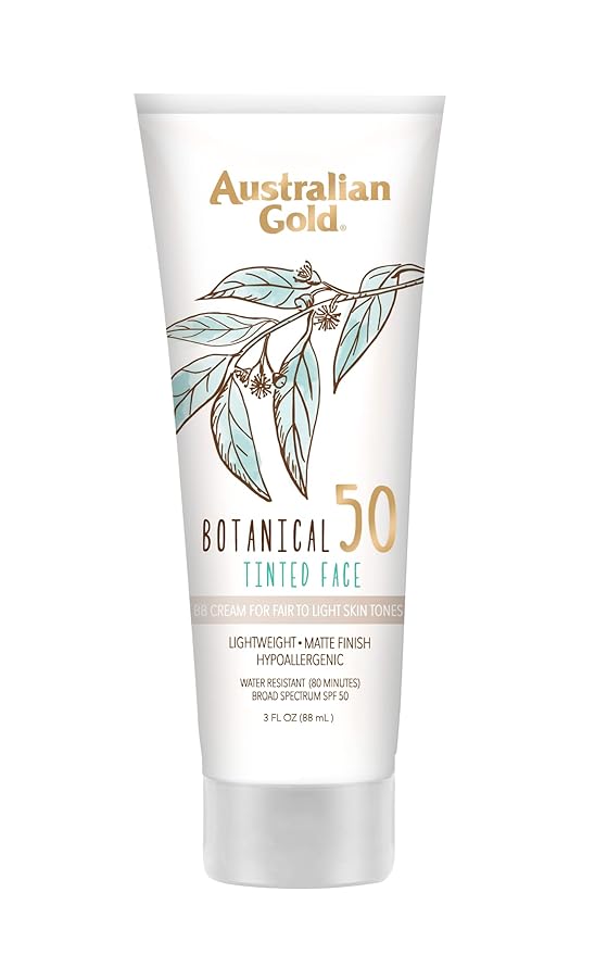 Australian Gold Botanical SPF 50 Tinted Face Sunscreen, Non-Chemical BB Cream, Water-Resistant, Matte Finish, Sensitive Skin, 3 FL Oz-FemmiqueWomen