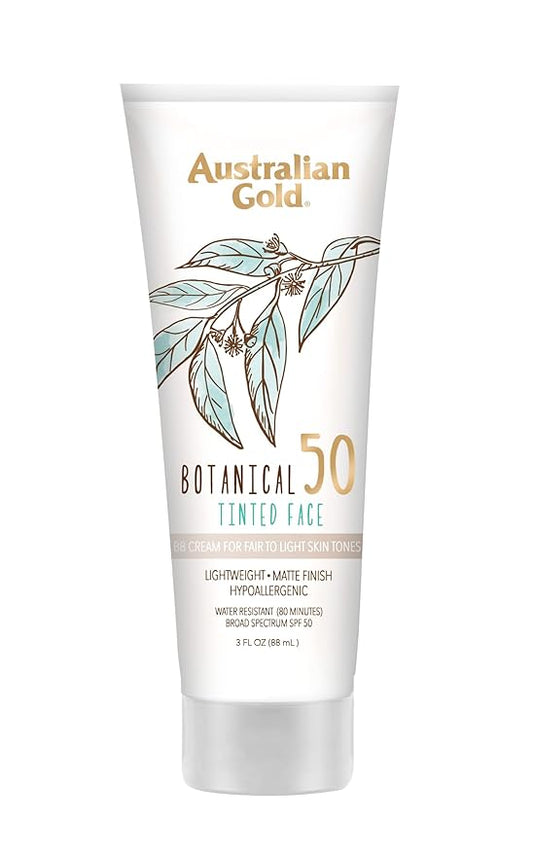 Australian Gold Botanical SPF 50 Tinted Face Sunscreen, Non-Chemical BB Cream, Water-Resistant, Matte Finish, Sensitive Skin, 3 FL Oz-FemmiqueWomen