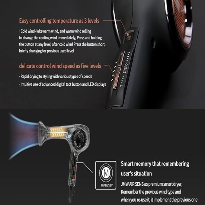 JMW Korean Professional Salon Hair Dryer AIR Sense I 15 Winds-3 Heat X 5 Speed Mix, 2 Nozzles & Dryer Stand, Upgrade BLDC Motor, 100% Cool Shot, Smart Memory, Fast Drying, Quiet and Long-Lasting-FemmiqueWomen