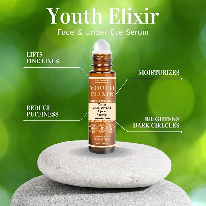 Youth Elixir - Roll On Facial Serum For Under Eyes and Face with Certified Organic, Cold Pressed, Hexane Free Castor, and Frankincense Oil - Miracle Anti-Aging Oil 10mL-FemmiqueWomen